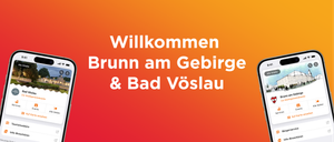 Image displays a red gradient background with white text reading 'Willkommen, Brunnen am Gebirg & Bad Vöslau.' It seems to be a welcoming message for a place called 'Brunnen am Gebirg & Bad Vöslau.'