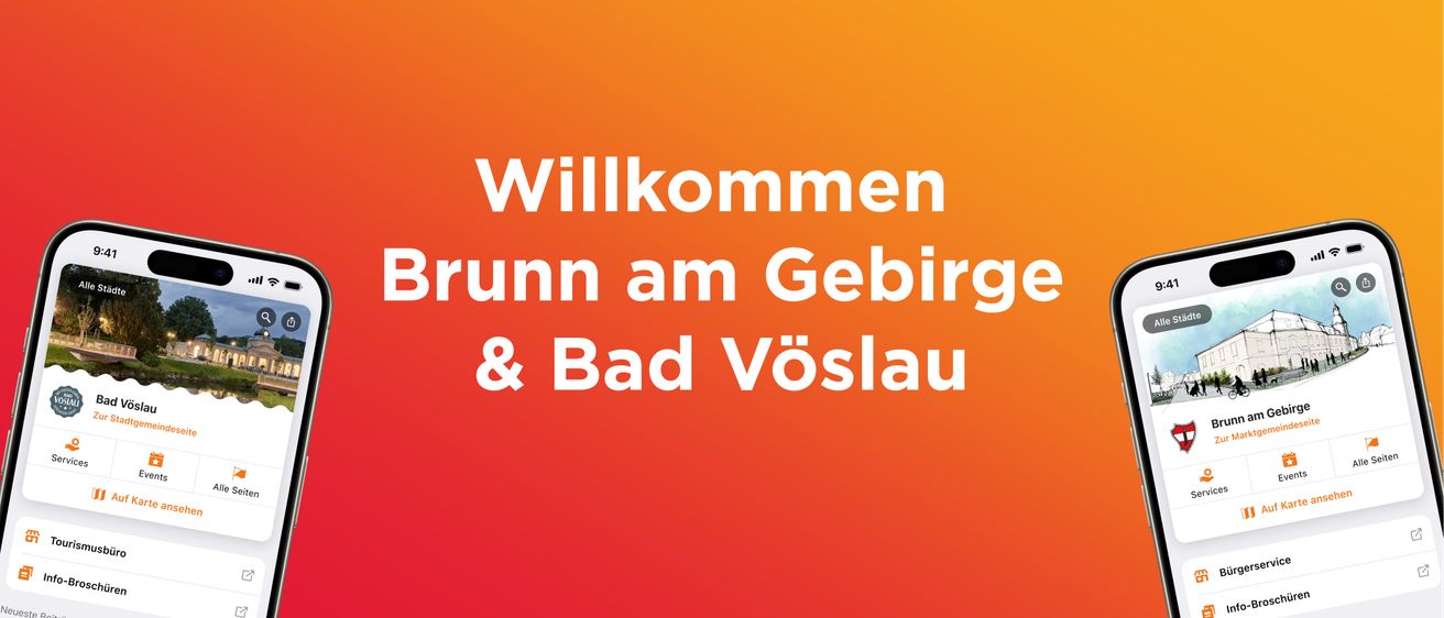 Das Bild zeigt einen roten Gradientenhintergrund mit weißem Text, der 'Willkommen, Brunnen am Gebirg & Bad Vöslau' lautet. Es scheint eine Willkommensbotschaft für einen Ort namens 'Brunnen am Gebirg & Bad Vöslau' zu sein.