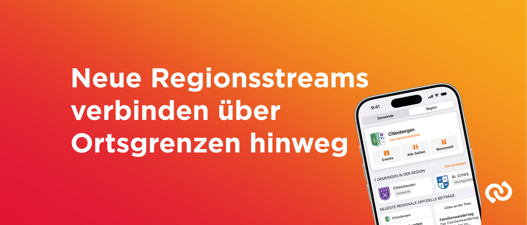 Ein Smartphone-Bildschirm zeigt eine Nachricht über Regionsströme und Grenzen. Der Text ist in fetter weißer Schrift auf orangefarbenem Hintergrund.