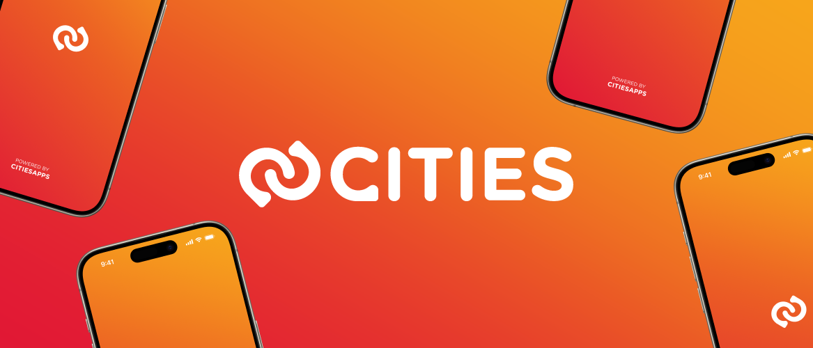 Das Cities-App-Logo auf orangefarbenem Hintergrund mit zwei Smartphones sichtbar. Das obere Telefon hat den Text 'VON CITIESAPPS GEMACH'.