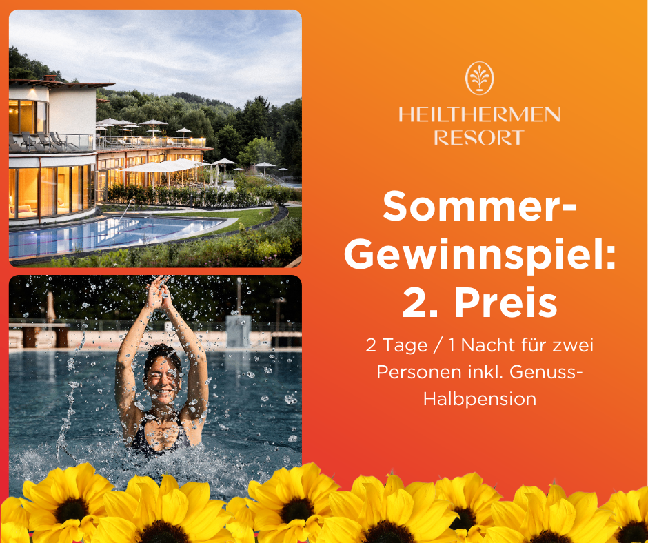 Ein Sommerresort mit Schwimmbad und einem großen Gebäude mit Glaswänden. Eine Frau im Pool mit Wasserspritzern. Der Text lautet: 'Sommer-Gewinnspiele 2. Preis.'