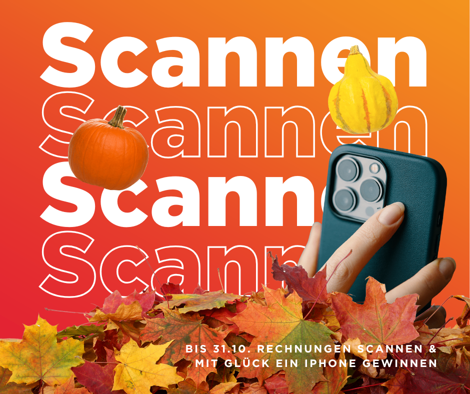 Eine Werbung mit einer Hand, die ein grünes iPhone hält, umgeben von Herbstblättern und Kürbissen, auf einem orangefarbenen Hintergrund. Es steht 'Scannen' in großen weißen Buchstaben.