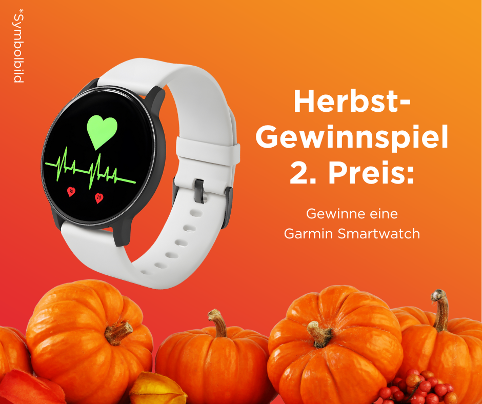 Eine Werbung für ein Herbst-Gewinnspiel zeigt eine weiße Smartwatch mit einem Herz auf dem Bildschirm, umgeben von mehreren Kürbissen auf orangefarbenem Hintergrund. Gewinne eine Garmin Smartwatch.