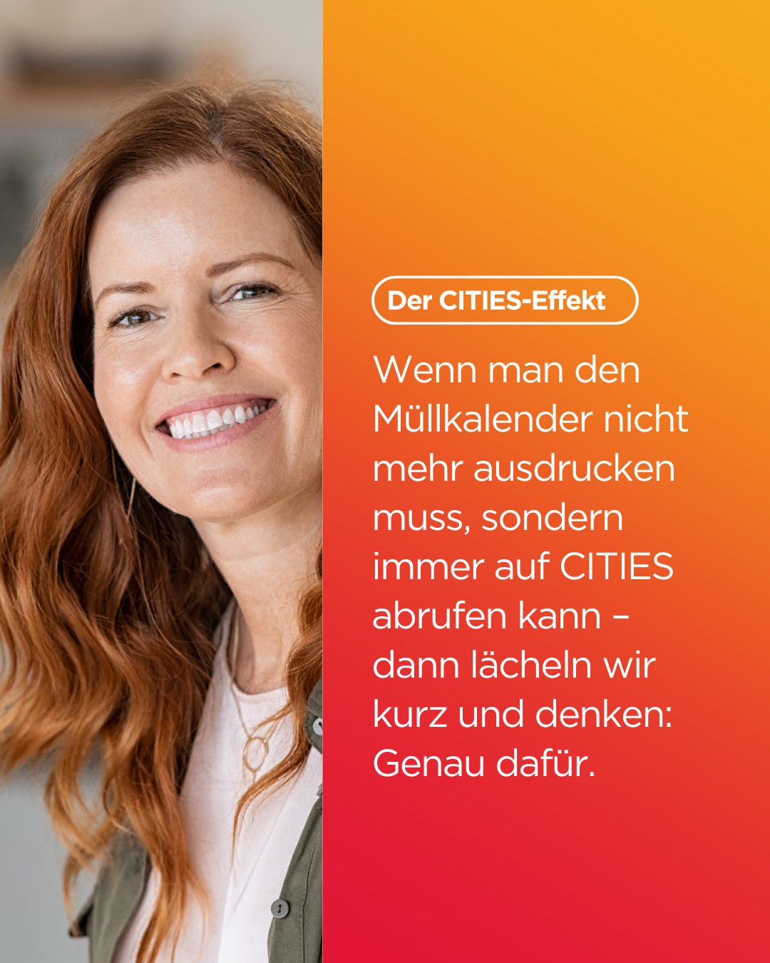 Eine Frau lächelt in die Kamera mit einem Textüberlagerung, der 'Der CITIES-Effekt' und darunter einen Zitat über den CITIES-Effekt besagt.