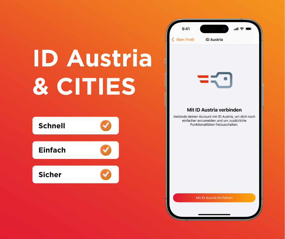 Das Bild zeigt einen Smartphone-Bildschirm, der ein Marketingbild für ID Austria darstellt und die schnelle, einfache und sichere Kontoverbindung hervorhebt. Die Benutzeroberfläche enthält Optionen für den Profilzugriff und eine Aufforderung, mit ID Austria fortzufahren.