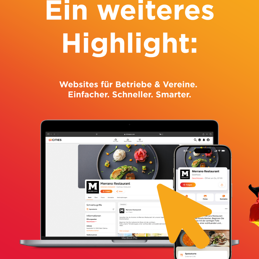 Ein Screenshot eines Computerbildschirms mit einem Mobiltelefon daneben, das die Webseite eines Restaurants anzeigt. Der Computerbildschirm zeigt eine Webseite mit Informationen des Restaurants, während das Mobiltelefon eine Webseite für Merrano Restaurant anzeigt.