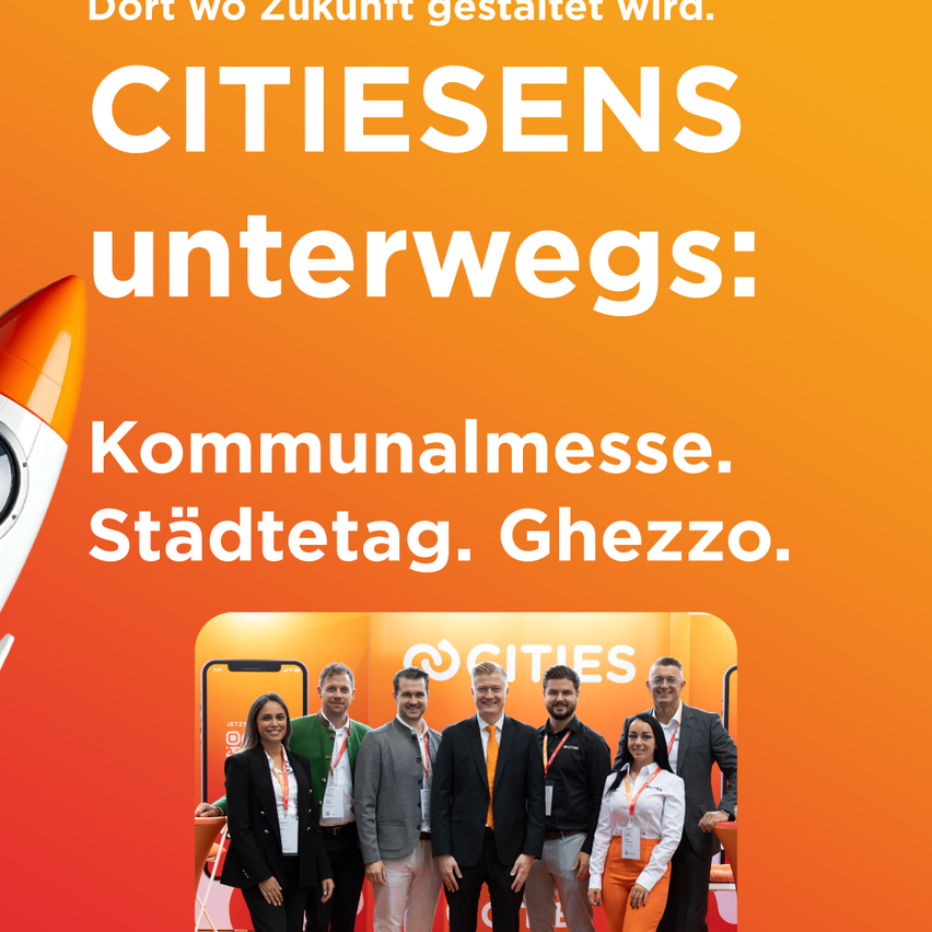Oranger Banner mit Text 'CITISENS unterwegs: Kommunalmesse. Stadtetag. Ghezzo.' und einem Bild von Fachleuten.