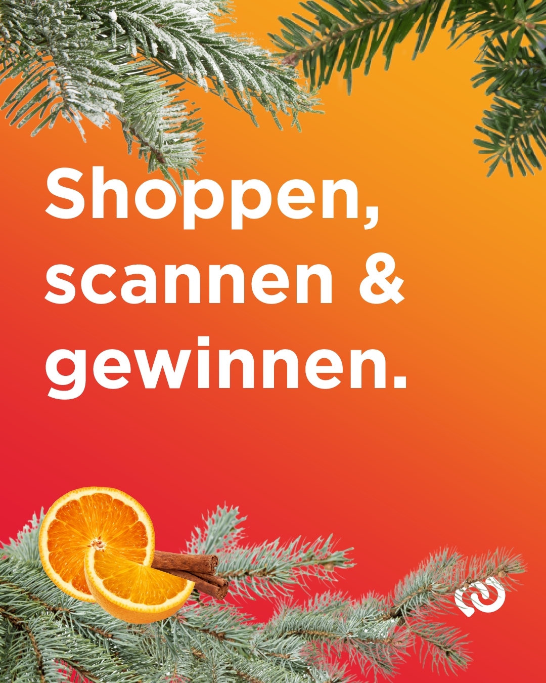 An image with an orange slice and cinnamon stick on a red background. The text reads 'Shoppen, scannen & gewinnen'.