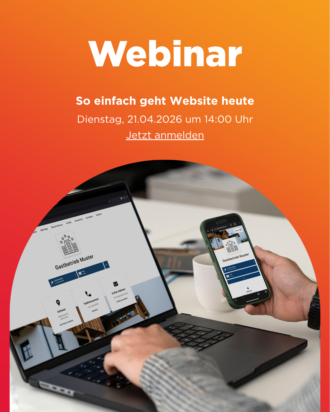 Ein Bild von einem Laptop und einem Handy, das eine Website anzeigt. Eine Hand hält das Handy. Es steht Webinar und ein Datum und eine Uhrzeit. Die Website hat ein Haussymbol.