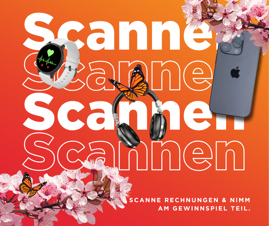 Auf einem orangefarbenen Hintergrund steht das Wort 'Scanne' mit einem Schmetterling und Kopfhörern. Unten sind ein Apple-Logo und eine Uhr mit Herzfrequenzmesser zu sehen. Unten steht der Text 'Scanne Rechnungen & Nimm am Gewinnspiel teil'.