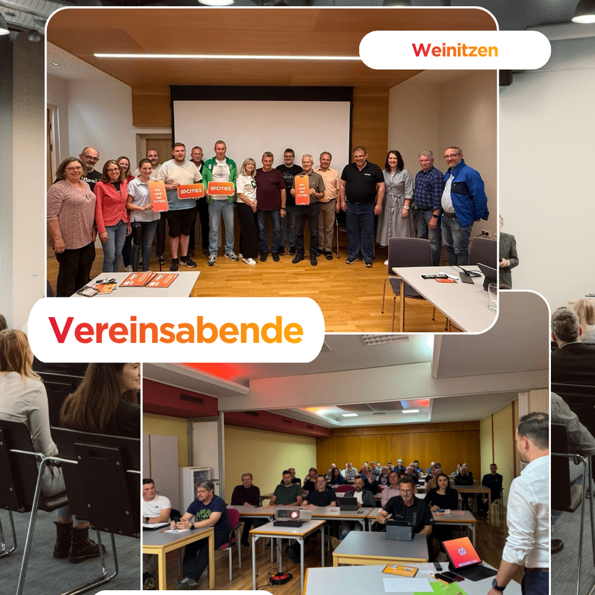 Eine Collage von Fotos zeigt Menschen in verschiedenen Umgebungen. Das oberste Foto zeigt eine Gruppe, die in einem Raum steht und Schilder hält. Unten steht eine Person in einem Raum mit mehreren anderen, die an Tischen sitzen. Das unterste Foto zeigt eine Person, die in einem Stuhl sitzt.