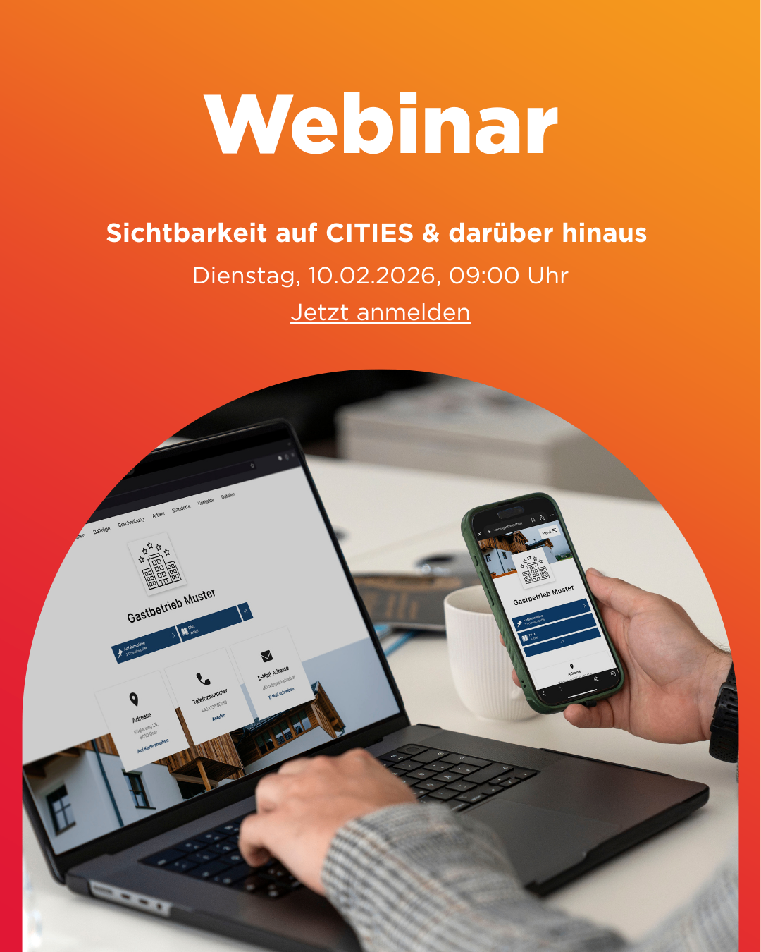 Ein Poster für ein Webinar über CITIES. Es zeigt einen Laptop und ein Smartphone, die beide die Website anzeigen. Die Veranstaltung ist für Dienstag, 10.02.2026, um 09:00 Uhr geplant. Eine Hand hält ein Smartphone.