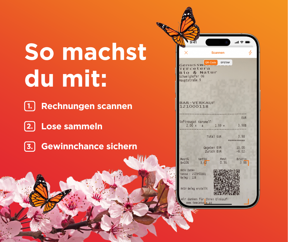 Eine Werbung für eine Quittungs-Scanning-App. Es zeigt einen Schmetterling und eine Kirschblüte. Die App ist auf einem Smartphone geöffnet und zeigt eine Quittung mit einem gescannten QR-Code. Die Quittung enthält Summen und einen Barcode.