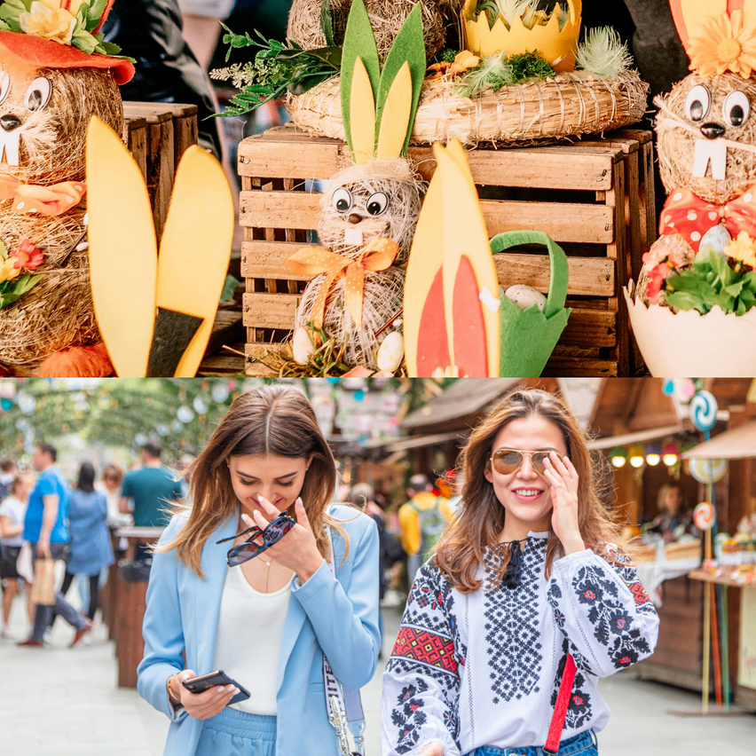 Eine Collage mit Osterdekorationen und zwei Frauen, die auf einem Markt spazieren. Oben sind Osterkörbe und Hasen zu sehen, unten zwei Frauen, eine schaut auf ihr Handy und die andere lächelt.