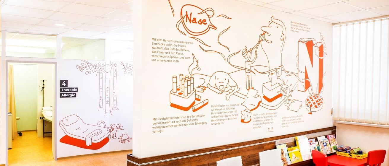 Ein Raum mit einer weißen Wand, die eine Cartoon-Zeichnung eines Hundes und eines Menschen zeigt, zusammen mit Text. Eine Wand mit einer Zeichnung von Bäumen, einer Katze und einer Cartoon-Zeichnung. Stühle sind in einer Reihe aufgestellt, und ein Mülleimer ist neben ihnen platziert.