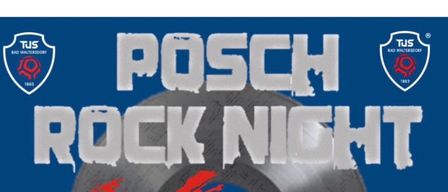 Ein Poster für POSCH ROCK NIGHT eXzess de Luxe zeigt einen blauen Hintergrund mit einem roten X auf einer Schallplatte. Der Text ist fett und weiß.