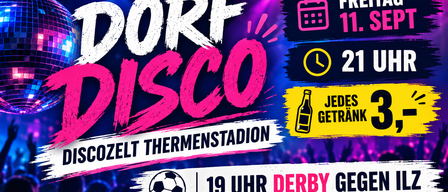 Plakat für eine Disco-Veranstaltung im Zozet Stadion, mit einem Fußball, einer Flasche und einem Kalender-Symbol, mit der Zeit 19:00 und dem Wort Derby.