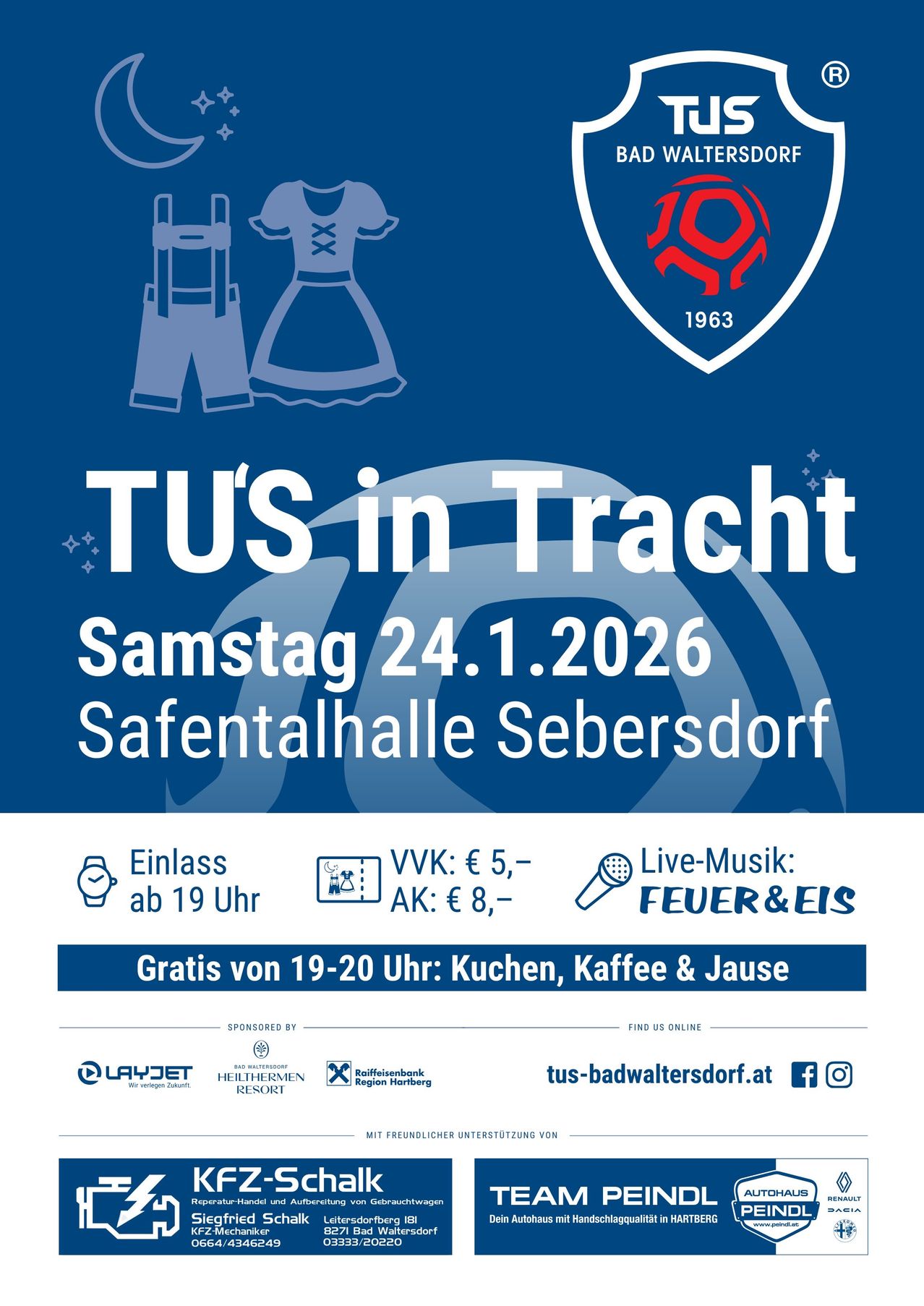 Plakat für TU'S in Tracht Veranstaltung am Samstag, 24.1.2026, in Safentalhalle Sebersdorf. Details zu Eintrittspreisen und Live-Musik von Feuer&Eis. Kostenloses Essen und Getränke von 19-20 Uhr.