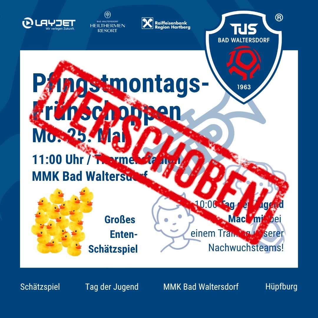 Poster for the MMK Bad Waltersdorf Youth Day. Scheduled for Monday, May 25th, starting at 11:00 AM. Includes a duck-themed treasure hunt. Logo features TUS Bad Waltersdorf and Raiffeisenbank Region Hartberg.