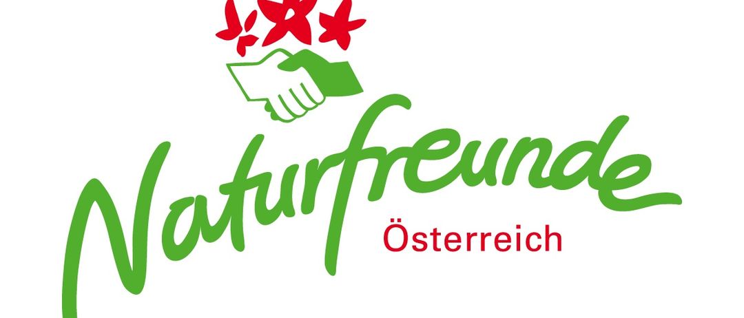 Das Logo von Naturfreunde Österreich zeigt einen Händedruck mit drei roten Sternen darüber, vor weißem Hintergrund.