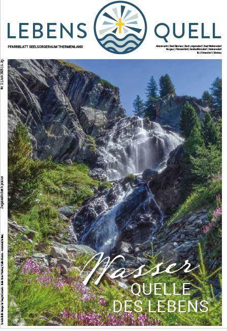 Das Cover einer Zeitschrift mit dem Titel 'Lebens Quell' zeigt einen leuchtenden Wasserfall, der einen felsigen Abhang hinunterfließt, umgeben von üppiger Vegetation und Blumen.
