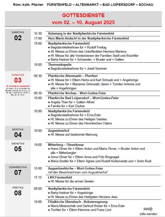 Das Bild ist ein Zeitplan für Kirchengottesdienste im August 2025, der Zeiten und Orte für verschiedene Messen und Gedenkfeiern detailliert angibt. Es enthält Gottesdienste für bestimmte Personen und Familien sowie allgemeine Messen. Der Zeitplan reicht von Samstag bis Freitag.
