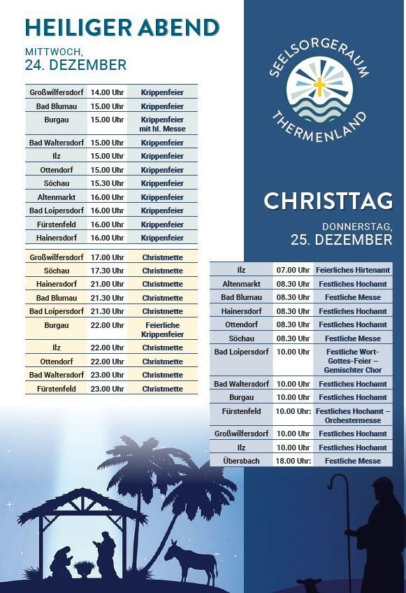 Das Bild zeigt einen Zeitplan für Weihnachtsfeiern in verschiedenen Orten. Am 24. Dezember sind Krippenfeier-Veranstaltungen zu verschiedenen Zeiten in verschiedenen Städten geplant. Am 25. Dezember sind Weihnachtsmessen und festliche Veranstaltungen in verschiedenen Städten zu bestimmten Zeiten geplant.