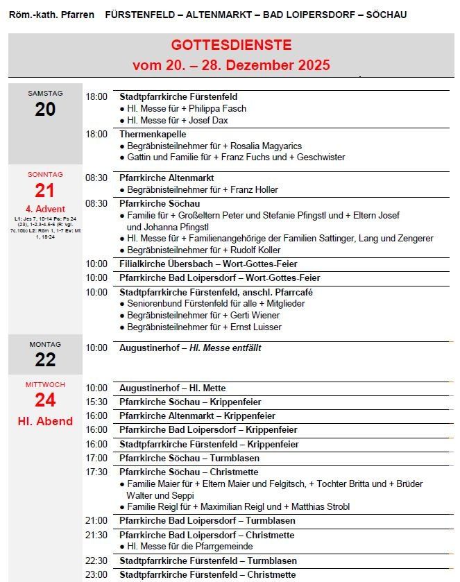 Das Bild zeigt einen wöchentlichen Zeitplan für Gottesdienste vom 20. bis 28. Dezember 2025. Jeder Tag listet spezifische Gottesdienste auf, einschließlich Hochmessen, Familiensegnungen und andere religiöse Zeremonien, zusammen mit den Namen der Teilnehmer.