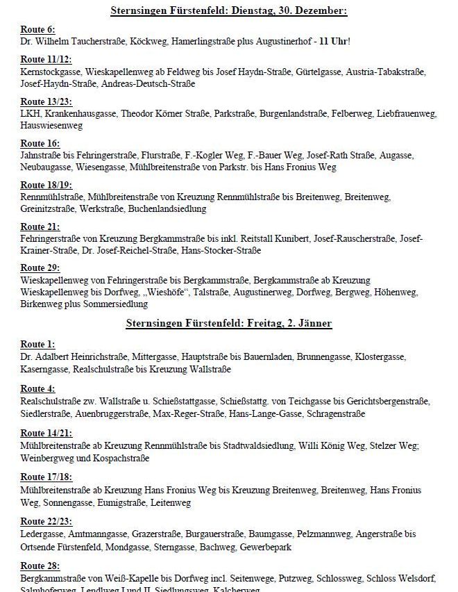 Ein Dokument beschreibt Busrouten mit spezifischen Haltestellen und Zeiten. Route 11/12 führt in der Nähe von Josef-Haydn-Straße und Route 13/23 in der Nähe von Theodor Körner Straße. Route 16 umfasst Haltestellen entlang der Jahnstraße und F-Kogler Weg. Route 18/19 verläuft durch Breitenweg und Reinnitzstraße. Route 21 umfasst Haltestellen an der Fehringstraße und Reinitzstraße. Route 29 führt von der Fehringstraße bis zum Birkenweg. Die Routen sind am Freitag, 2. Januar in Betrieb.