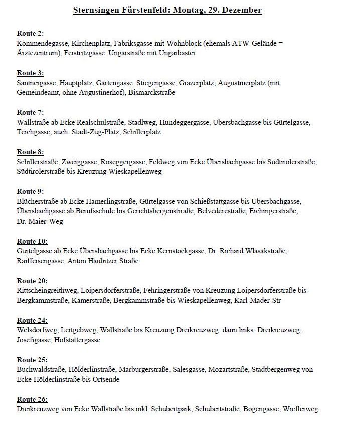 Das Bild zeigt ein Dokument mit mehreren Routen und deren jeweiligen Wegen. Jede Route hat einen Namen und eine Liste von Straßen oder Wahrzeichen, an denen sie vorbeiführt. Die Routen umfassen Kommendegasse, Kirchenplatz, Fabrikgasse und weitere. Das Dokument ist in deutscher Sprache verfasst.
