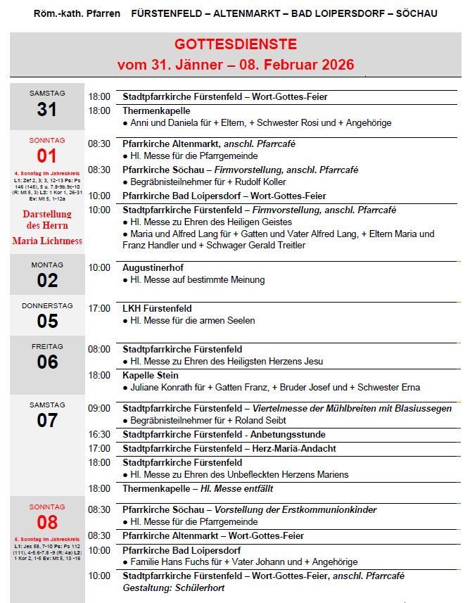 Das Bild zeigt einen Zeitplan für Gottesdienste vom 31. Januar bis 8. Februar 2026. Die Gottesdienste umfassen Wort-Gottes-Feiern, thematische Kapellen und Messen zu Ehren verschiedener Heiliger. Jeder Eintrag gibt Datum, Uhrzeit, Ort und Details der Veranstaltung an.