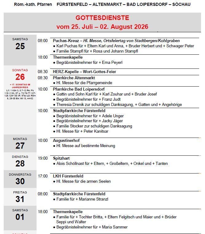 Ein Zeitplan für Gottesdienste vom 25. Juli bis 2. August 2026, einschließlich Datum, Uhrzeit und Details zu jedem Gottesdienst wie Ort, Familiennamen und besondere Ereignisse.