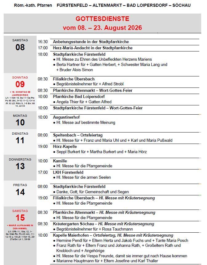 Eine Tabelle mit dem Zeitplan für Gottesdienste vom 8. bis 23. August 2026. Die Tabelle enthält Datum, Uhrzeit, Ort und Teilnehmer für jeden Gottesdienst.