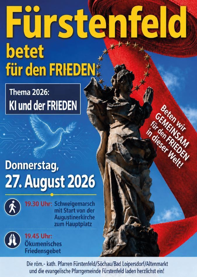 Plakat für eine Friedensveranstaltung am 27. August 2026 mit einer Statue einer betenden Figur, einer Taube und einem roten Banner mit Sternen und Text auf Deutsch.