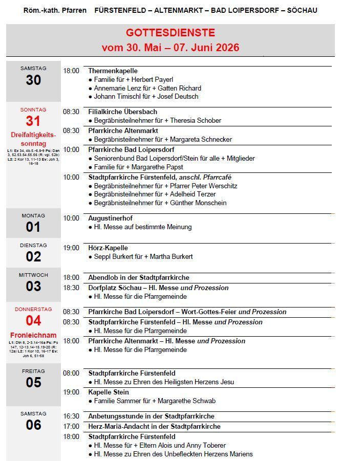 Dieses Dokument listet religiöse Gottesdienstpläne vom 30. Mai bis 7. Juni 2026 auf, einschließlich Orte, Zeiten und spezifische beteiligte Ereignisse oder Familien. Gottesdienste finden an verschiedenen Tagen und Zeiten statt.