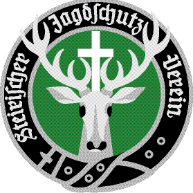 Ein kreisförmiges Emblem mit einem weißen Hirsch mit Geweih, einem Kreuz auf seiner Stirn und einem grünen Hintergrund mit Text darum herum.
