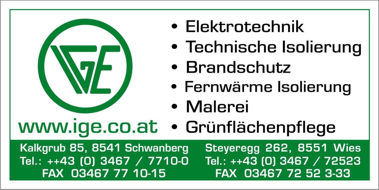 Ein Firmenlogo mit aufgelisteten Dienstleistungen: Elektrotech, Technik, Brandschutz, Fernwärme, Malerarbeiten und Grünflächen. Webseite: e.co.at. Adresse: 8541 Schwanberg, Steyeregg 262. Telefon: +43 (0) 3467 / 7710-0, Fax: 03467. Öffnungszeiten: Mo-Fr 10-15.