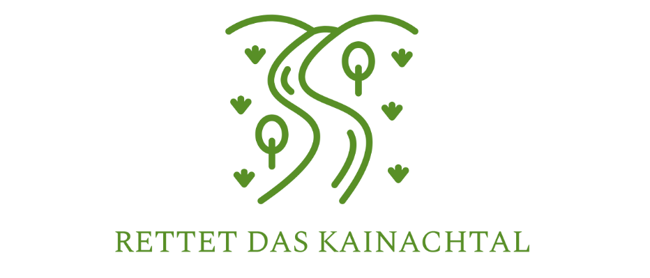 Ein Logo mit einer gewundenen grünen Linie und Herzformen, beschriftet mit 'RETTET DAS KAINACHTHAL'. Es zeigt Bäume und Wasserelemente.