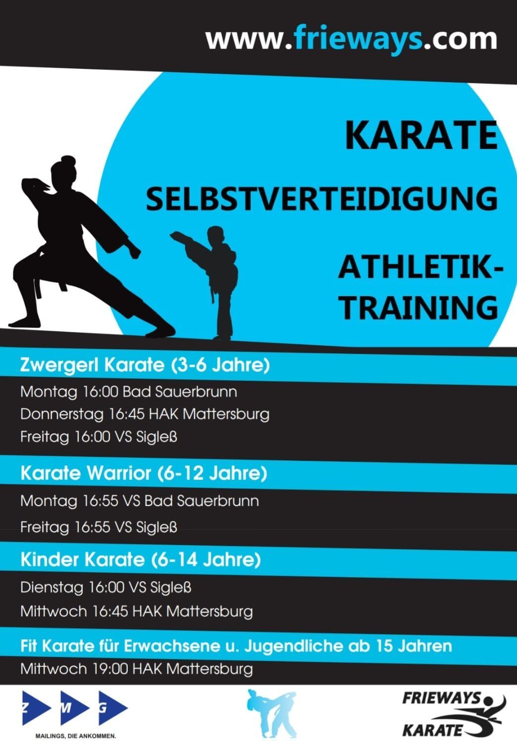 Plakat für Karate-Selbstverteidigung und Athletiktraining für verschiedene Altersgruppen. Es hat einen blauen Hintergrund mit schwarzem Text und Silhouetten von Menschen, die Karate praktizieren.