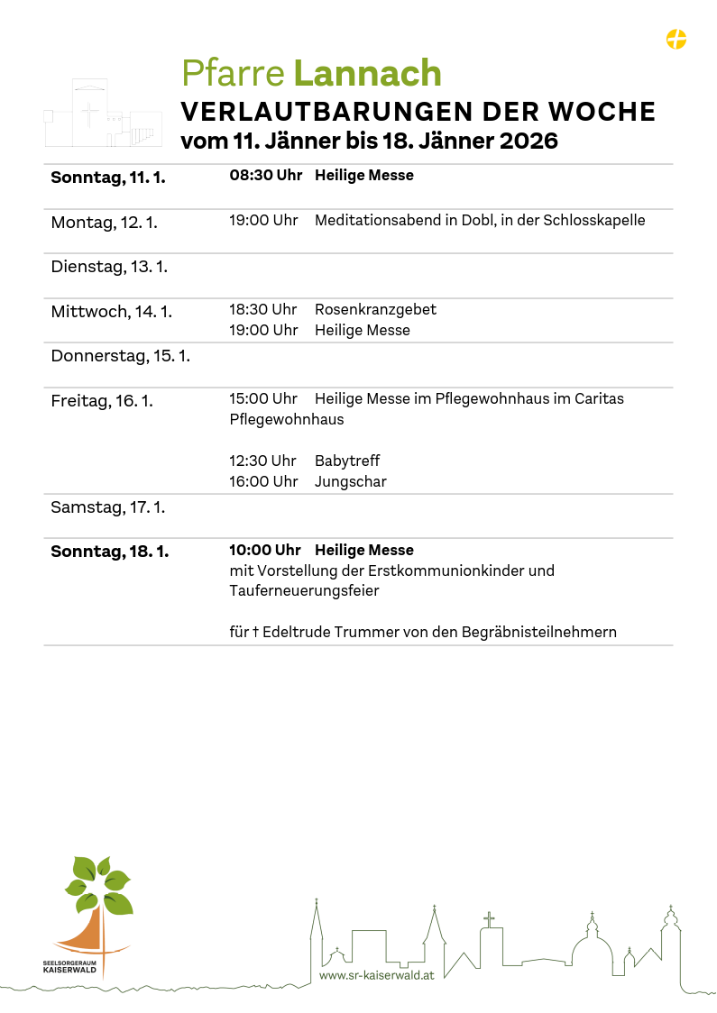 Das Bild zeigt wöchentliche Gottesdienste in deutscher Sprache. Von Sonntag bis Samstag enthält es Details wie Zeiten, Orte und besondere Veranstaltungen.