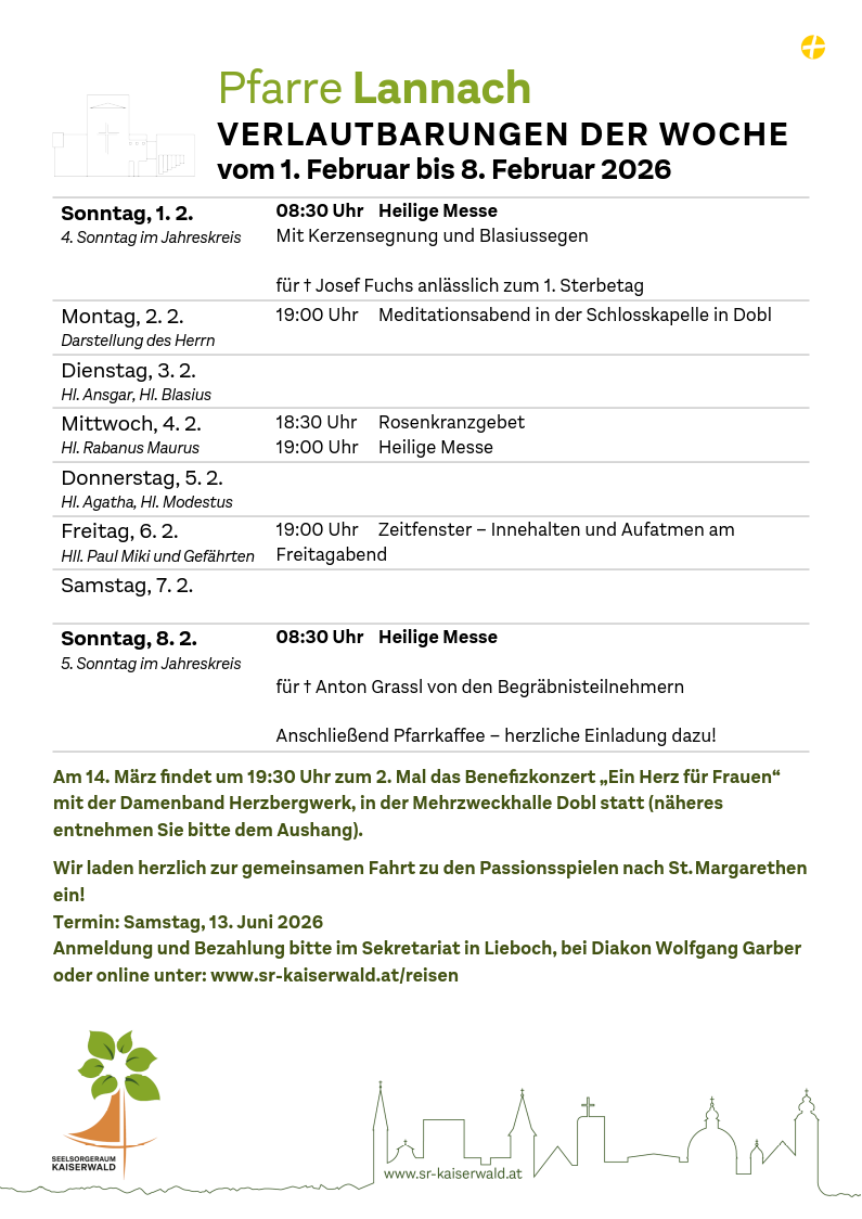 Zeitplan der Messen und Veranstaltungen. Sonntag 1. und 2. Montag 2. Meditationsabend in der Schlosskapelle. Dienstag 3. Mittwoch 4. Donnerstag 5. Freitag 6. Samstag 7. Sonntag 8. Heilige Messe und Kaffee. 14. März. Benefizkonzert. 13. Juni. Anmeldung und Zahlung im Sekretariat oder online.