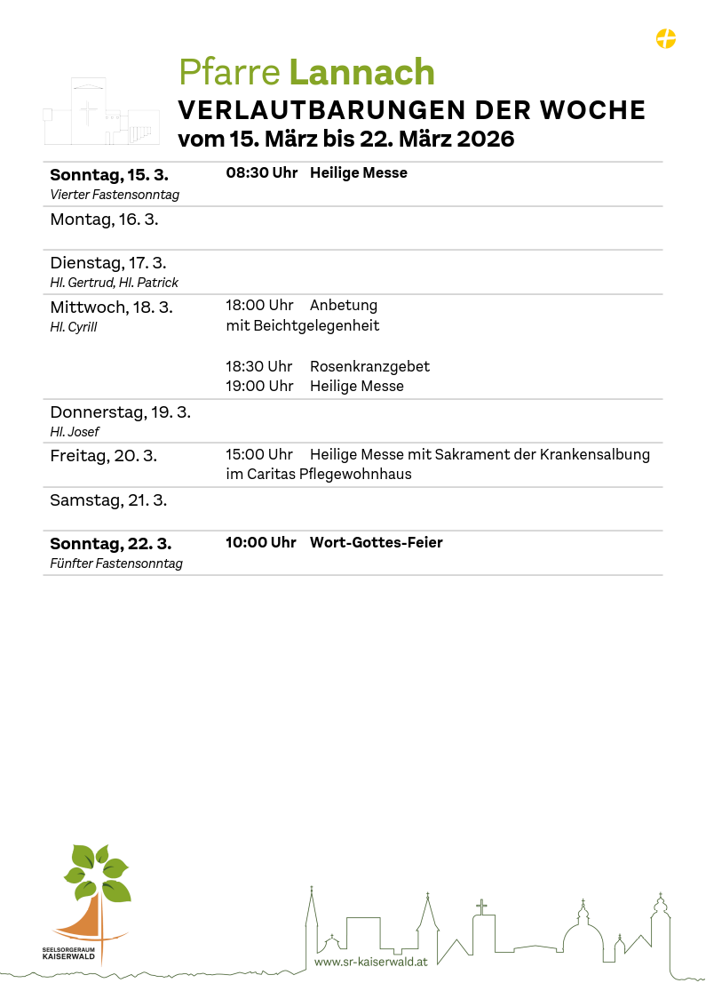 Ein Zeitplan für heilige Messen. Sonntags um 8:30, 10:00. Wochentags um 18:00, 18:30, 19:00. Besondere Veranstaltungen am Donnerstag, Freitag und Samstag.