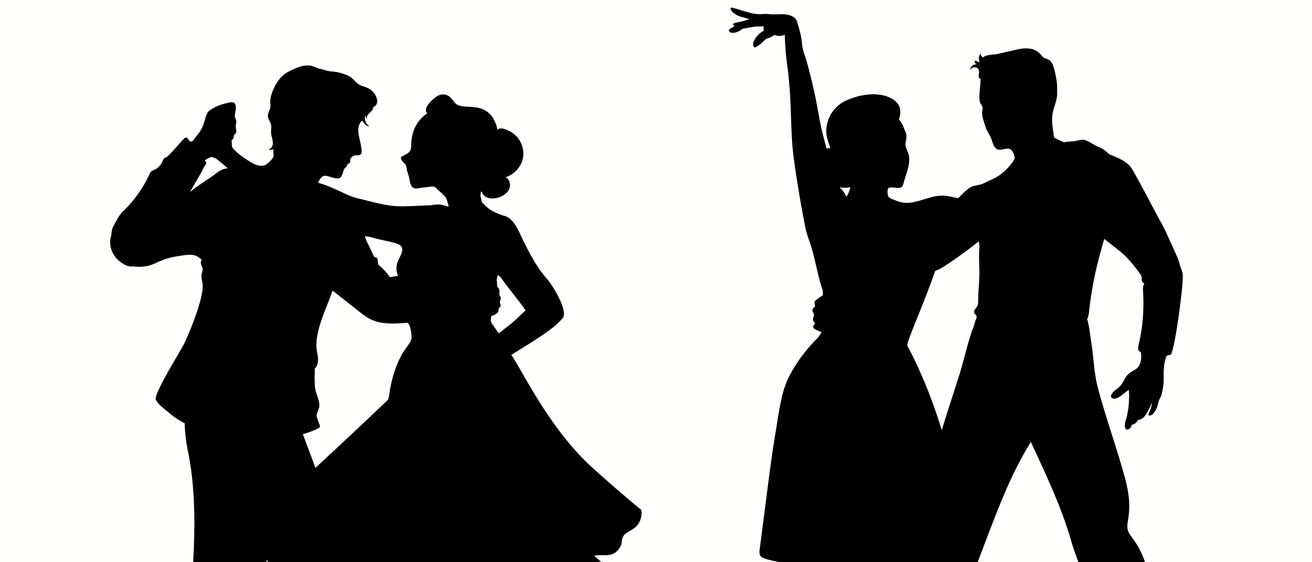 Eine schwarz-weiße Silhouette von zwei tanzenden Paaren, eine Frau mit erhobenem Arm und die andere mit einer Drehbewegung.