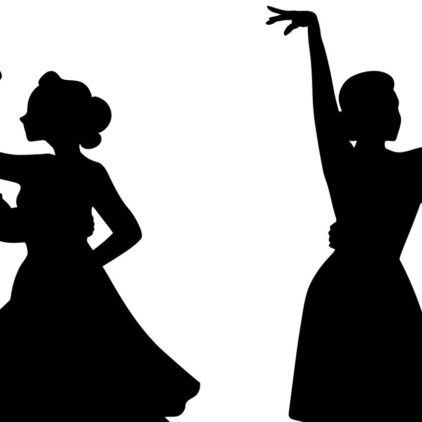 Eine schwarz-weiße Silhouette von zwei tanzenden Paaren, eine Frau mit erhobenem Arm und die andere mit einer Drehbewegung.
