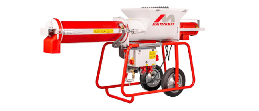 Eine rote und weiße Industriemaschine mit dem Markennamen Maltech M35. Sie hat einen zylindrischen Körper und ist auf einem roten Ständer mit Rädern montiert.