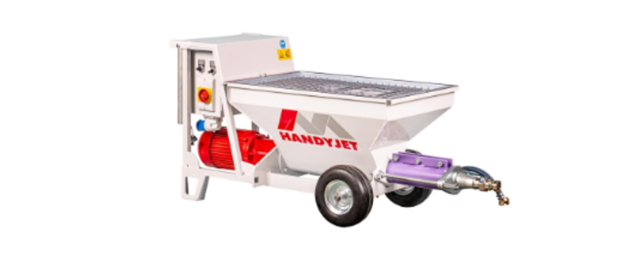 Eine weiße und rote Maschine mit der Aufschrift 'HandyJet', einem roten Motor und einem lila Anbaugerät. Sie steht vor einem weißen Hintergrund.