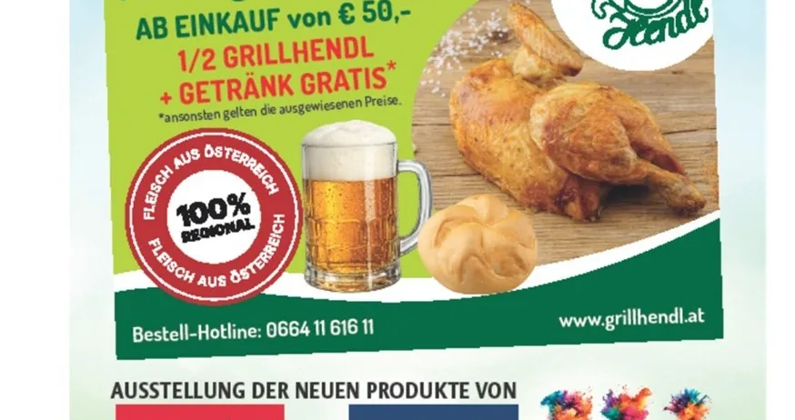 Frühljahrsparty-Anzeige für den 6. März 2026. Freier Eintritt bei Einkäufen über 50 Euro. Halber Grillheindl und ein Getränk gratis. 100% regionales Fleisch. Ausstellung neuer Produkte. Hotline 0664 11 616 11.