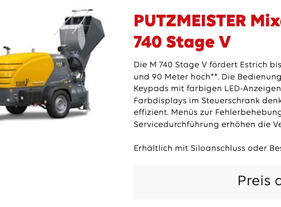 Der M 740 Stage V fördert Estrich bis 180 Meter weit und 90 Meter hoch. Die Bedienung ist dank der Keypads mit farbigen LED-Anzeigen und des mobilen Displays im Steuerschrank denkbar einfach effizient. Menüs zur Fehlerbehebung und Serviceerfühlung erhöhen die Verfügbarkeit. Erhältlich mit Siloanschluss oder Beschickern/Schaber.