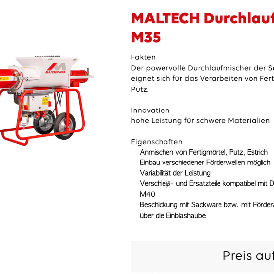 Der MALTECH Durchlaufmischer der Serie M35 ist ein leistungsstarker Förderer für die Verarbeitung von Fertigmörtel und Putz. Er verfügt über austauschbare Anbauteile, variable Geschwindigkeit und ist kompatibel mit M40. Er wird mit einem Trichter oder einer Einblashaube geliefert.