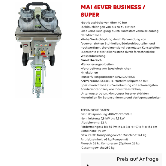 Bild einer spezialisierten Pumpe, die ihren Betriebsdruck, Sauglänge und Wasserdosierung zeigt. Sie verfügt über eine hohe Druckfähigkeit, Edelstahlkomponenten und spezialisierte Materialien. Die Pumpe ist für Restaurierungsarbeiten, Spezialbeschichtungen und spezifische Anwendungen konzipiert.